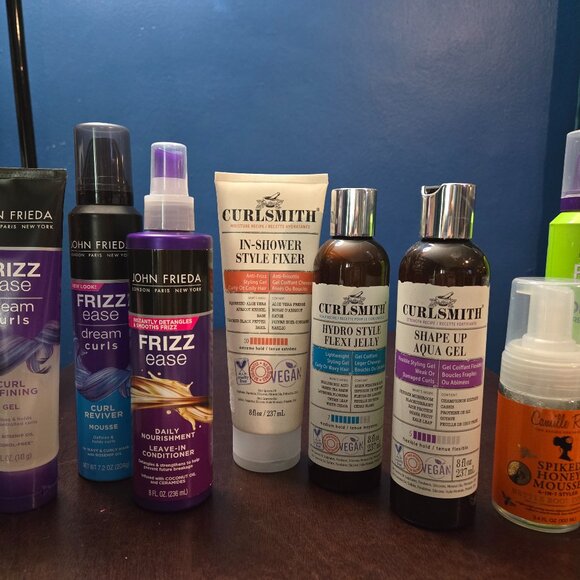 Lot of 9 curly hair products Curlsmith John Frieda Garnier gel mousse scrunchies - Picture 1 of 5